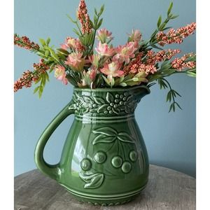 Farmhouse Kitchen Water Pitcher Vintagr Ceramic Vase Green Pottery Stoneware